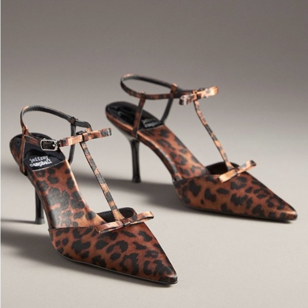 Jeffrey Campbell Leopard T-Strap Pointed Heels - Brown/Black